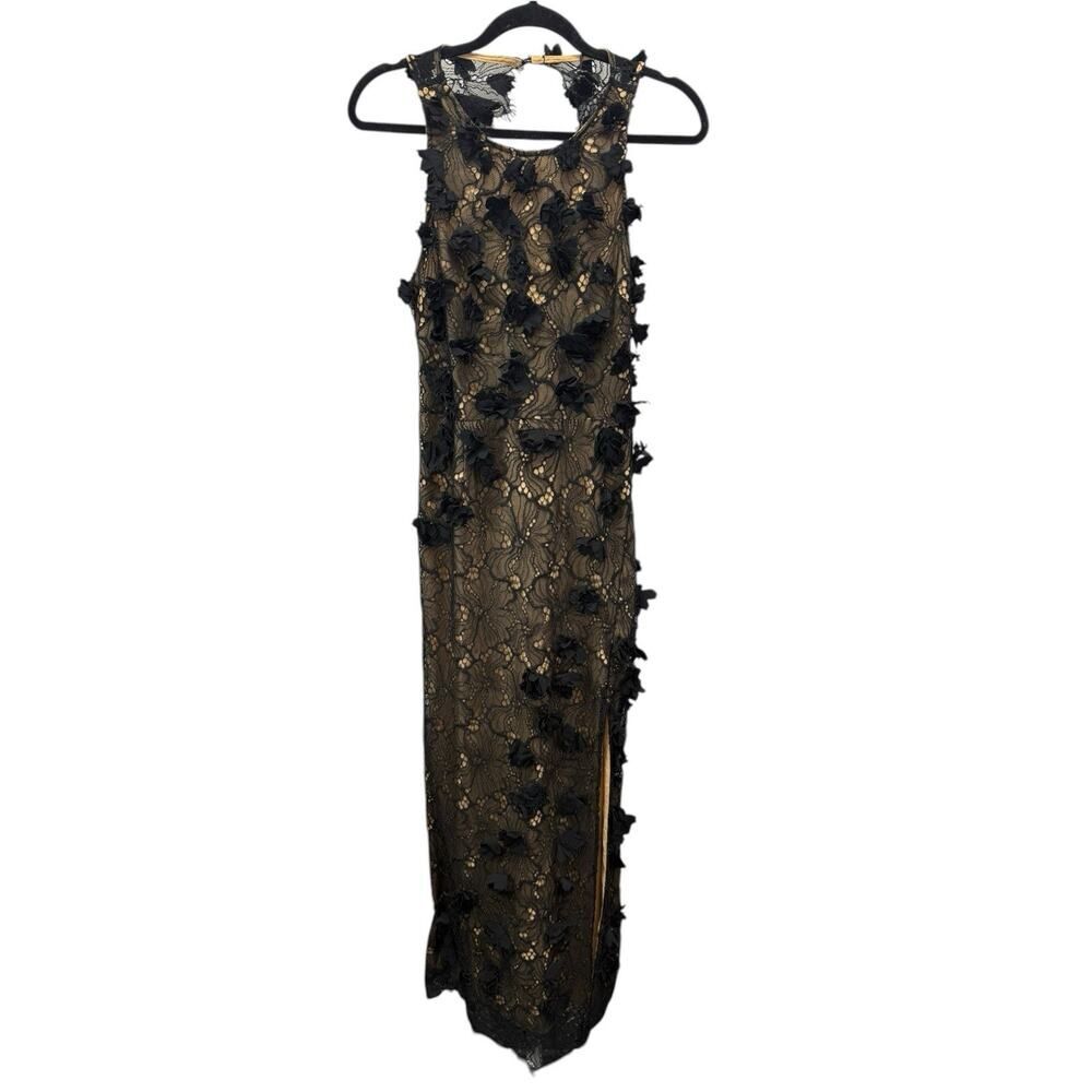 NWT Karen Millen Black Lace Floral Appliqué Midi Dress Open Back Slit US 6 - Picture 6 of 13